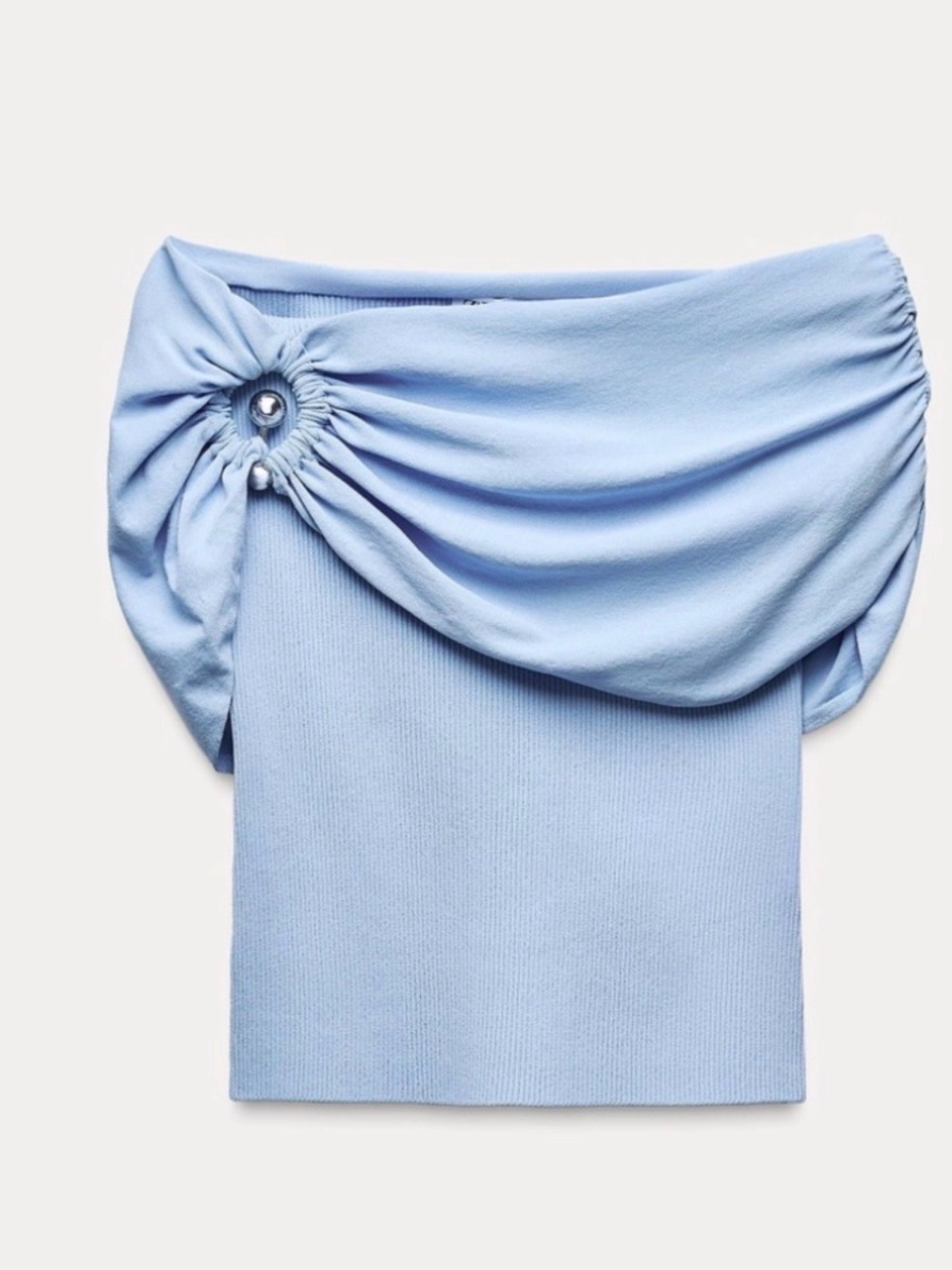 Zara | Knit Off Shoulder Pearl Ring Ribbed Top | Light Blue | NWT | Size L